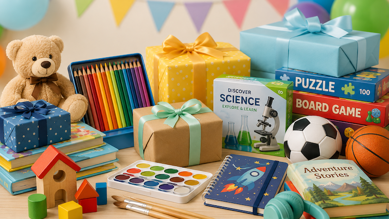 Birthday gift ideas for kids including art supplies, books, games, science activities and wrapped presents
