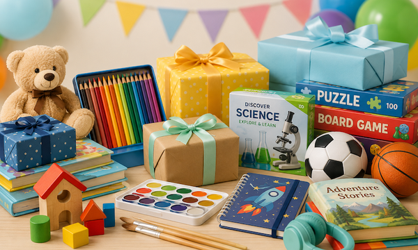 Birthday gift ideas for kids including art supplies, books, games, science activities and wrapped presents